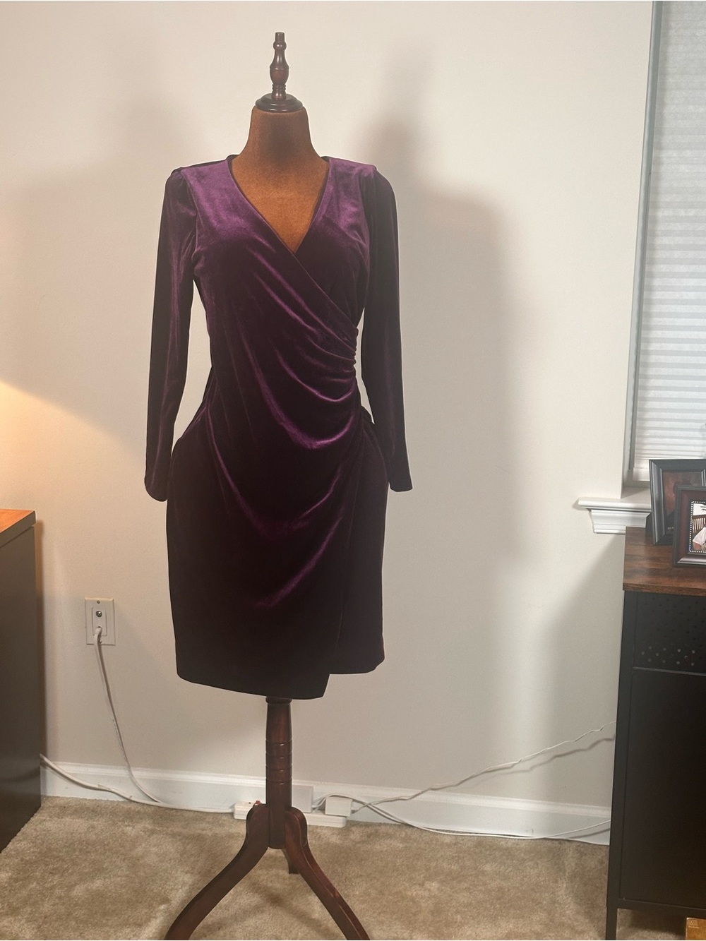 Ralph Lauren Deep Purple Velvet Long-Sleeve Wrap Dress